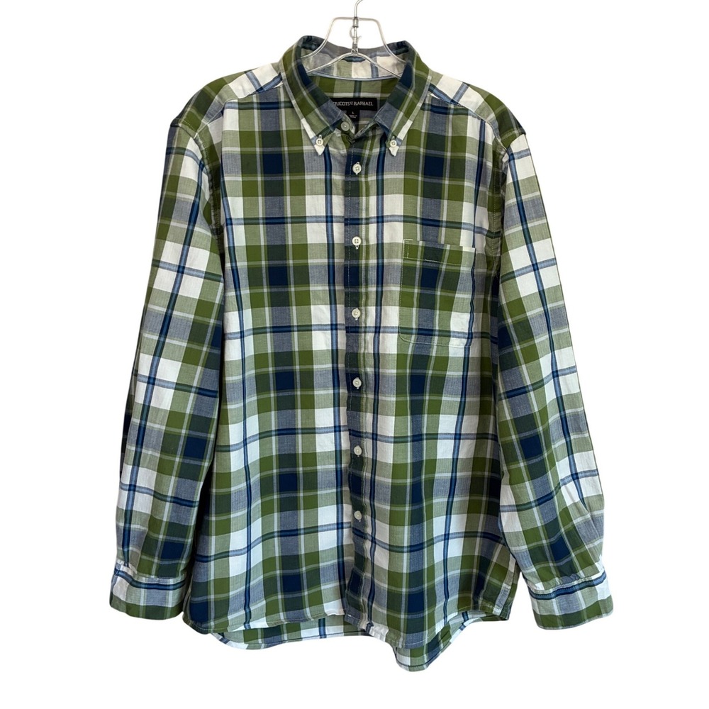 Tricots St Raphael Mens Green Blue Plaid Button Down Shirt Large Cotton